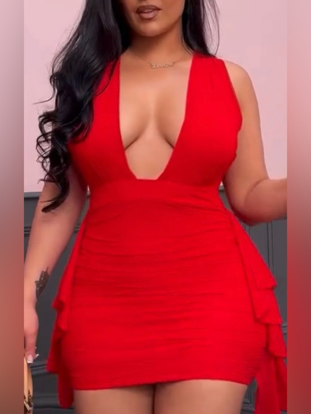Red Mini Dress with Flared Side Panels. Size Large